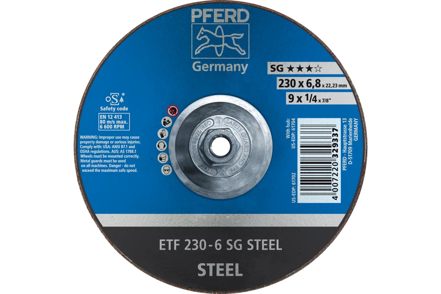 Picture of Pferd Grinding Wheel, 9" X 1/4 X 5/8-11, Sg Steel, T28, Aluminum Oxide